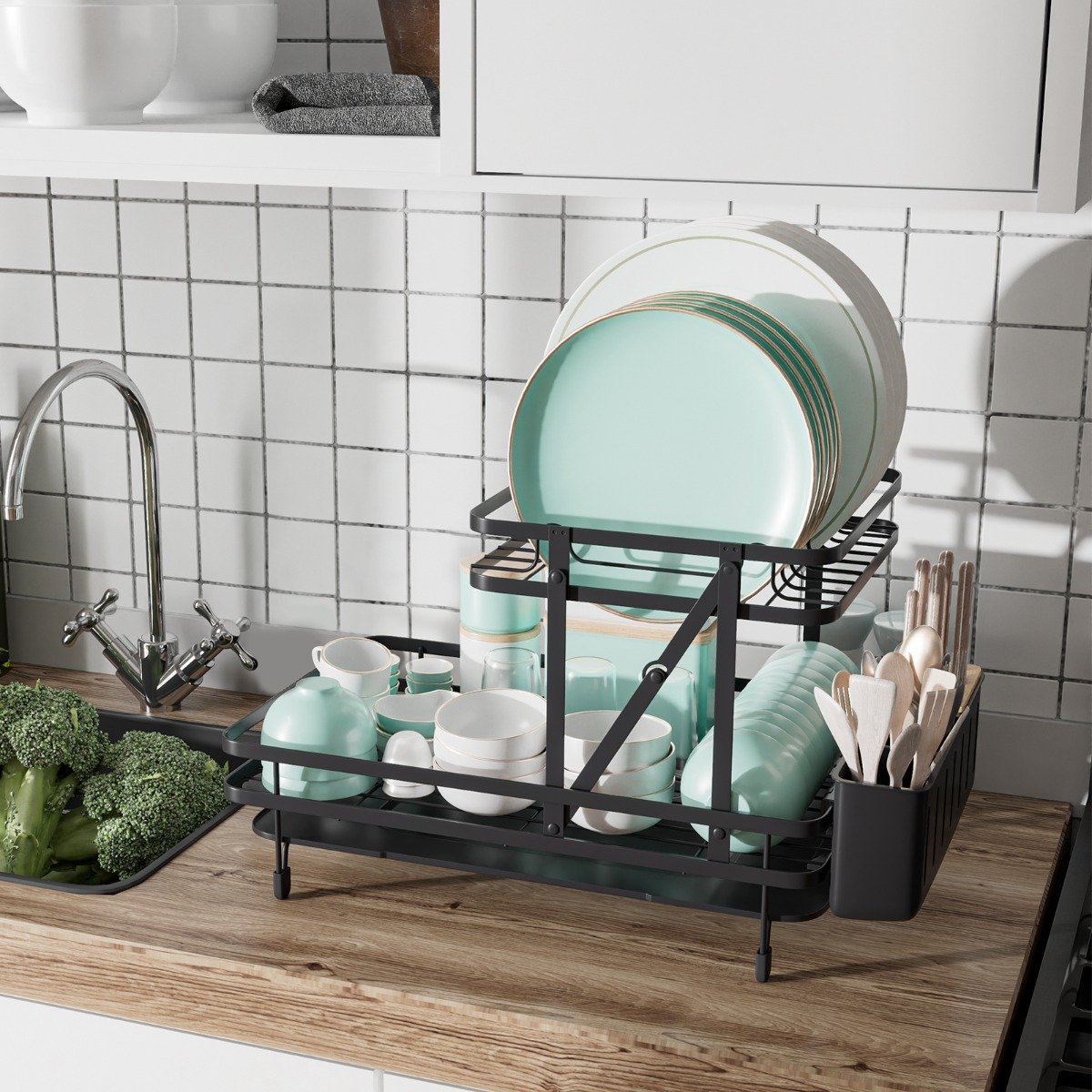 Escorredor de louça de metal com 2 níveis, porta-utensílios e bandeja coletora removível para cozinha. - Image 2