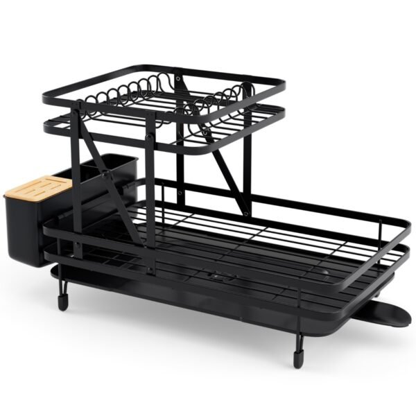 Escorredor de louça de metal com 2 níveis, porta-utensílios e bandeja coletora removível para cozinha.