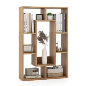 Estante geométrica moderna com 7 cubos, aberta e decorativa - cor natural.