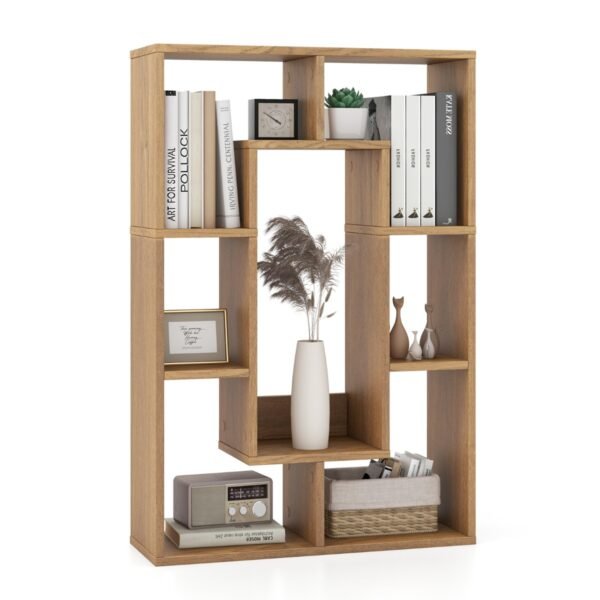 Estante geométrica moderna com 7 cubos, aberta e decorativa - cor natural.