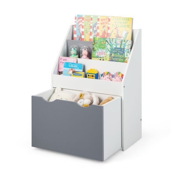 Estante infantil de 3 níveis com baú de brinquedos e rodinhas, cinza e branca.