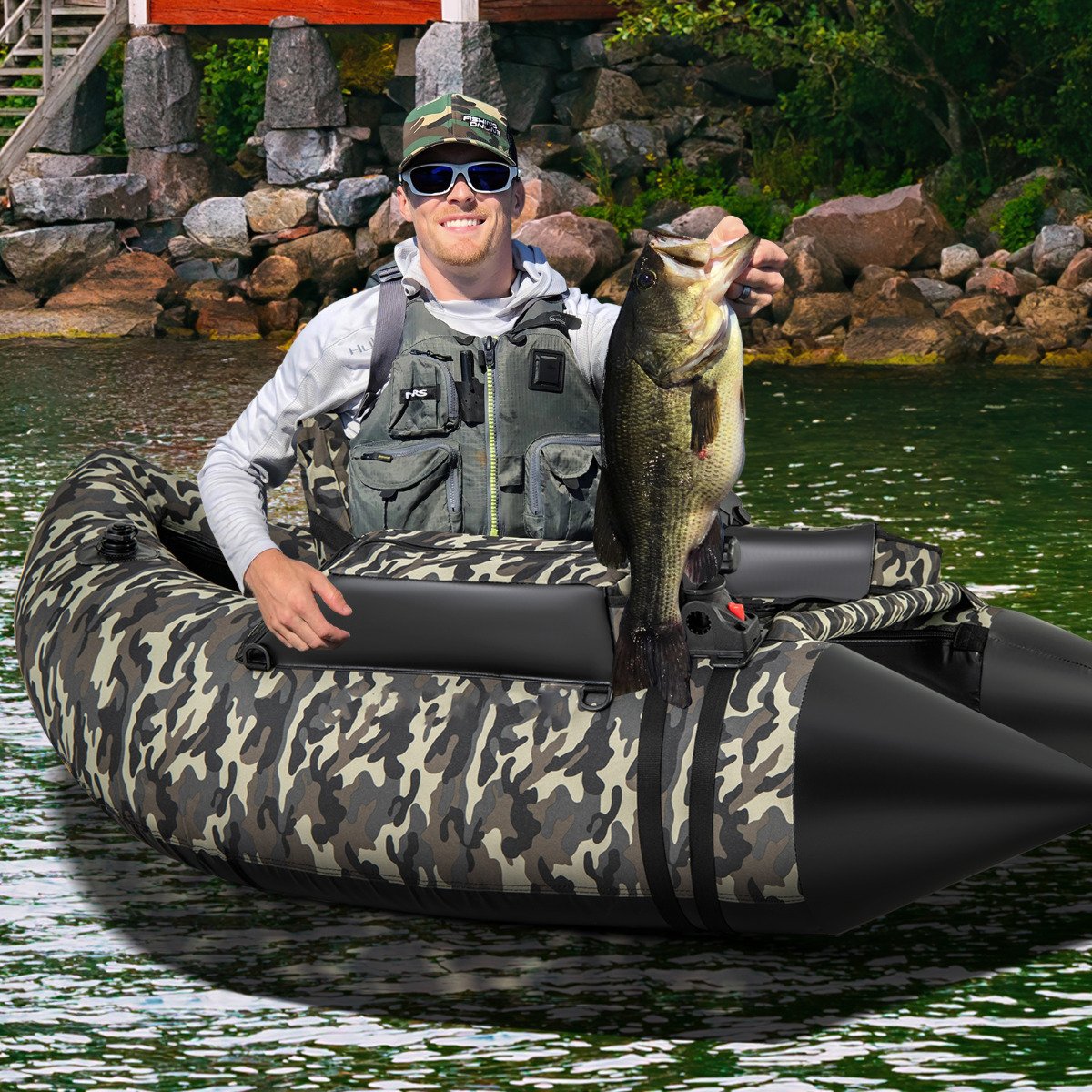 Bote inflável com barbatanas, régua para peixes e suporte para vara de pesca, camuflado. - Image 2