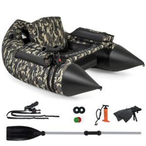 Bote inflável com barbatanas, régua para peixes e suporte para vara de pesca, camuflado.