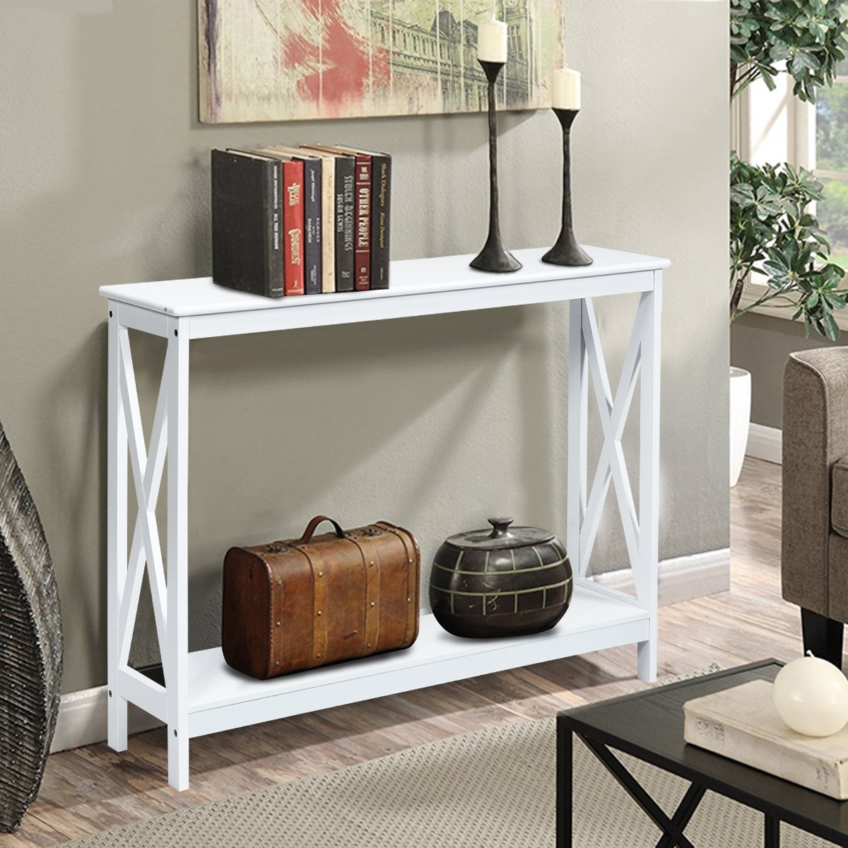 Mesa de console estreita industrial de 2 níveis com prateleira de armazenamento para hall de entrada - Branca - Image 2