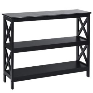Mesa de console industrial de 3 níveis com prateleira de armazenamento - Preta