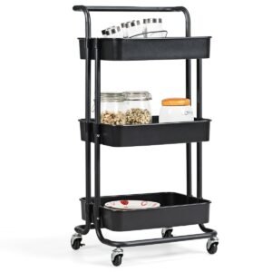 Carrinho utilitário de armazenamento com 3 níveis e rodízios - Preto