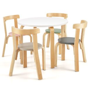 Mesa infantil de madeira com 4 cadeiras infantis. Conjunto de mesa e cadeiras infantis com encosto, colorido.
