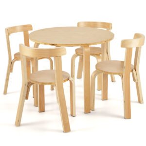 Mesa infantil de madeira com 4 cadeiras para crianças. Conjunto de mesa e cadeiras infantis com encosto natural.