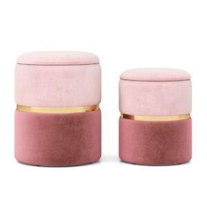 Conjunto de 2 pufes de veludo com espaço de armazenamento de 32L + 21L, pufes laterais redondos para sofá, rosa