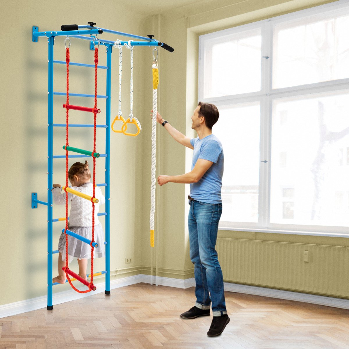 Conjunto de escada sueca com estrutura de escalada, barra fixa, cordas e argolas - Azul - Image 2