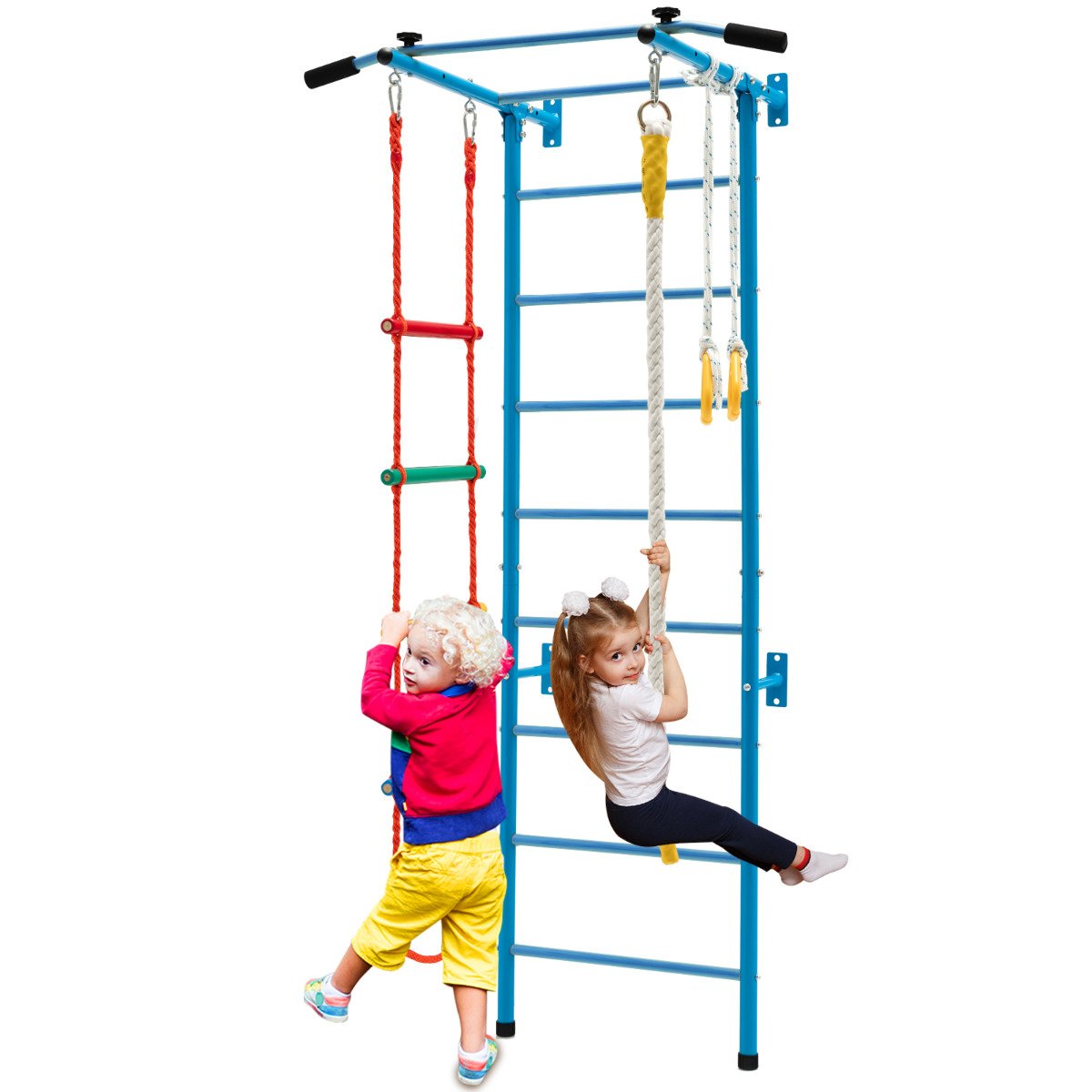 Conjunto de escada sueca com estrutura de escalada, barra fixa, cordas e argolas - Azul