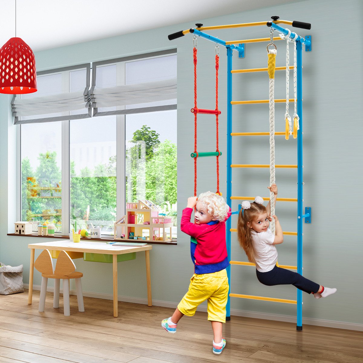 Conjunto de escada sueca com estrutura de escalada, barra fixa, cordas e argolas - Amarelo e Azul - Image 2