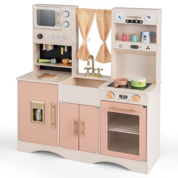 Cozinha de brinquedo infantil de madeira com micro-ondas e máquina de gelo com sons - Rosa