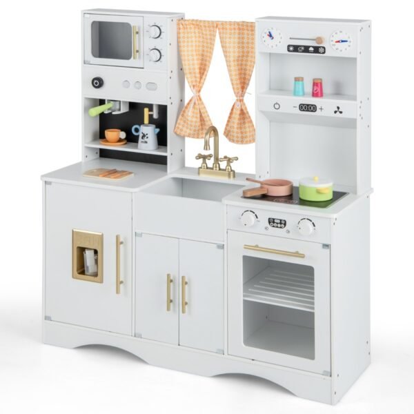 Cozinha de brinquedo infantil de madeira com micro-ondas e máquina de gelo com sons - Branca