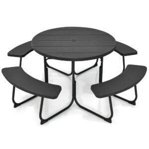 Conjunto de mesa de piquenique redonda de 43" para 8 pessoas com orifício para guarda-sol - Preto