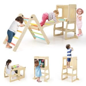 Brinquedo de escalada 7 em 1 para crianças pequenas, com mesa e cadeiras conectáveis, para meninos e meninas de 3 a 14 anos - Cor natural
