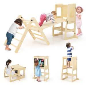 Brinquedo de escalada 7 em 1 para crianças pequenas, com mesa e cadeiras conectáveis, para meninos e meninas de 3 a 14 anos - Cor natural