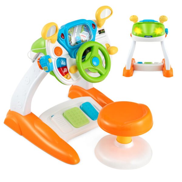 Conjunto de volante infantil com luzes e sons para simulação de direção.