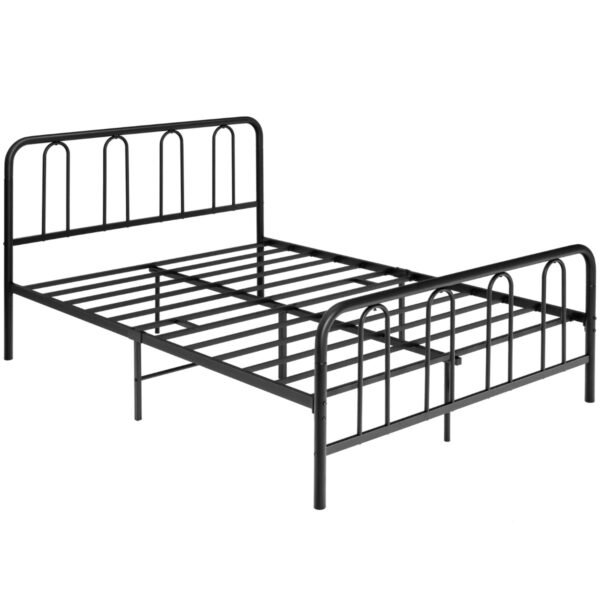 Estrutura de cama de metal com cabeceira e peseira. Cama de plataforma moderna, 209 x 144 x 101 cm, preta.