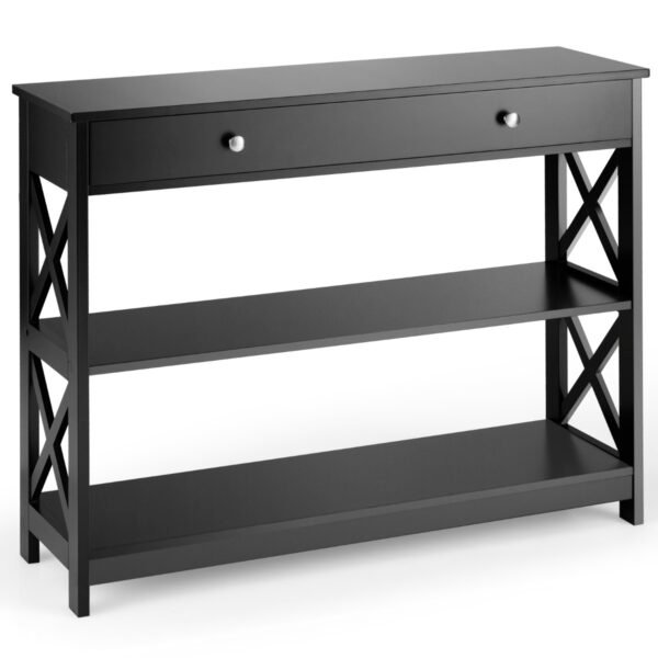 Mesa de console de 3 níveis com gaveta e prateleiras de armazenamento - Preta