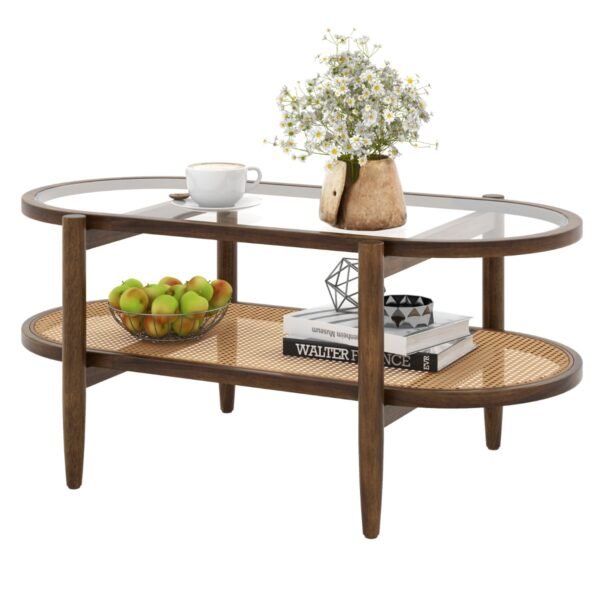 Mesa de centro/mesa lateral com tampo de vidro e prateleira de rattan, 102 x 56 x 47 cm, marrom