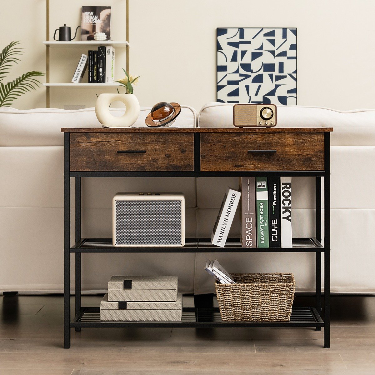 Mesa de consola de 100 cm com 2 gavetas, 2 prateleiras e design anti-tombamento - castanha - Image 2