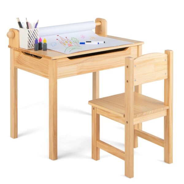 Conjunto de mesa e cadeira multifuncional para atividades infantis com suporte para rolo de papel - Natural