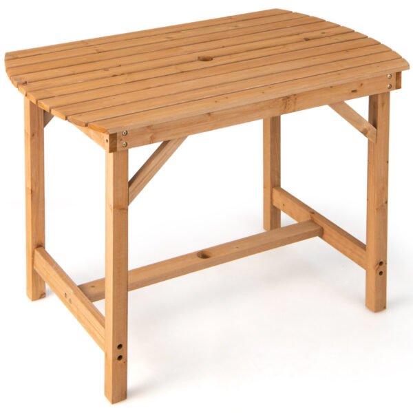 Mesa de jantar externa em madeira de abeto com orifício para guarda-sol de 1,5 polegadas