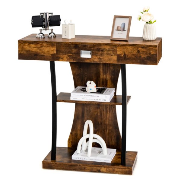 Mesa de console com gaveta e 2 prateleiras para hall de entrada e sala de estar - marrom rústico
