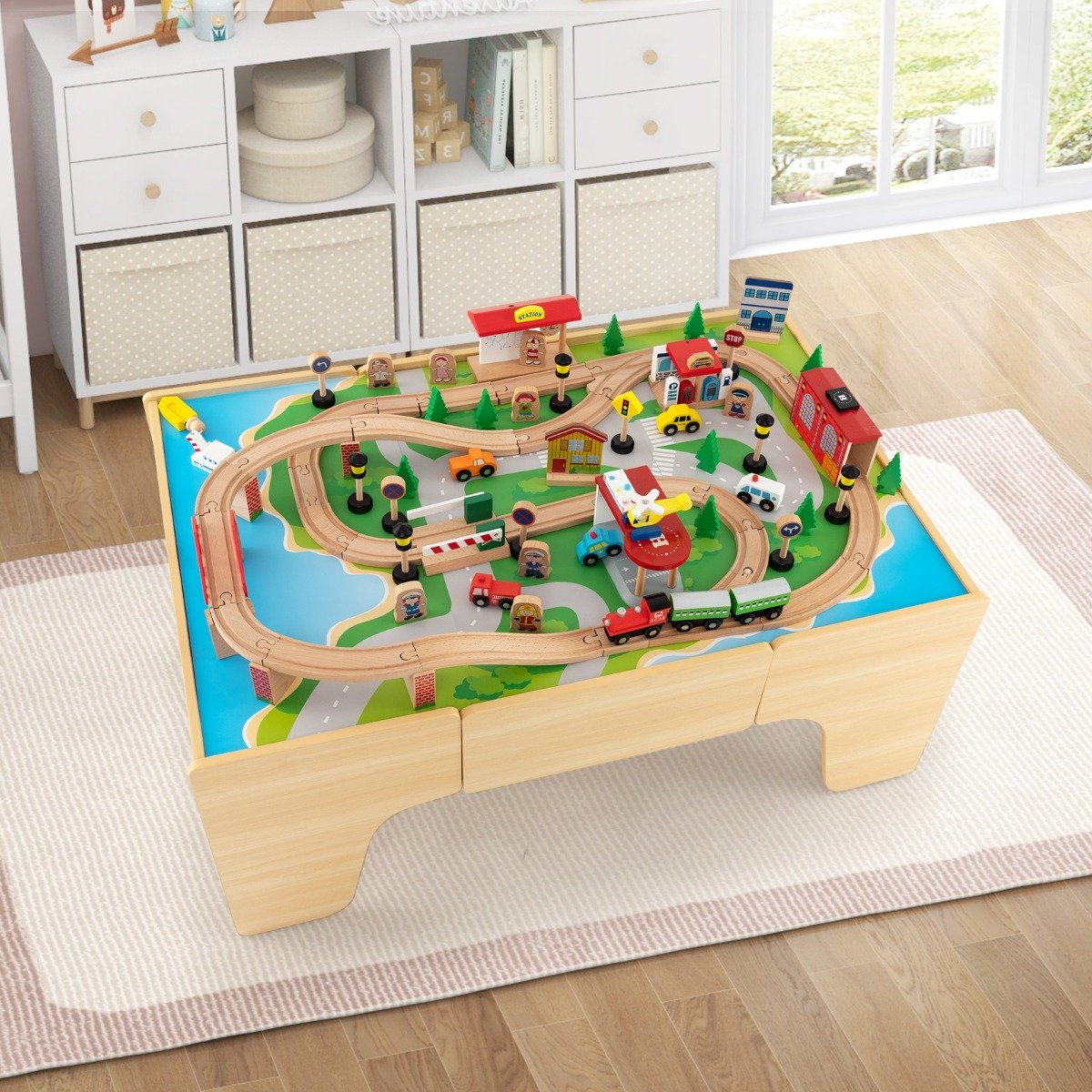 Conjunto de trem de madeira com 84 peças e tampo de mesa reversível e removível. - Image 2