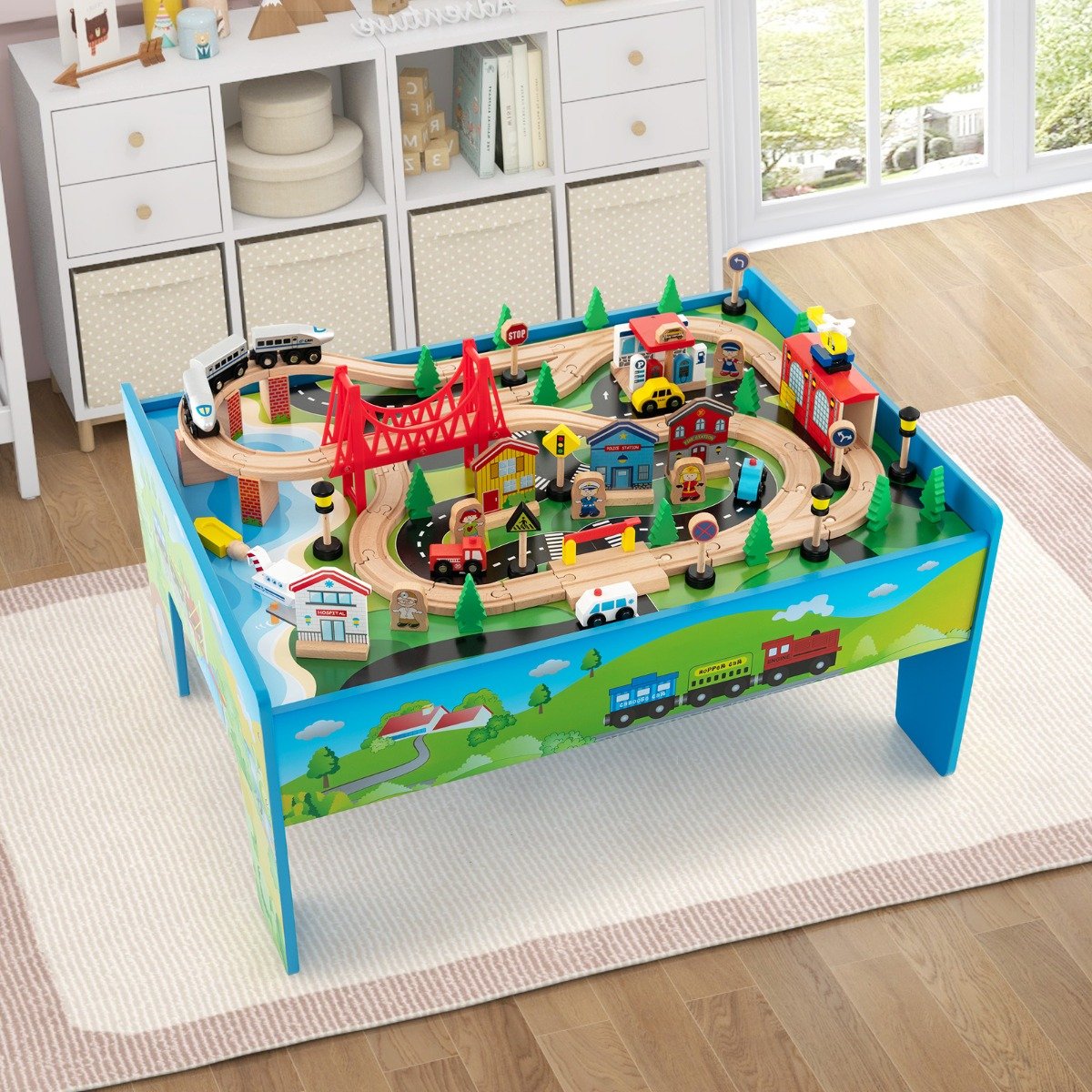 Conjunto de trem de madeira com 80 peças e mesa. - Image 2