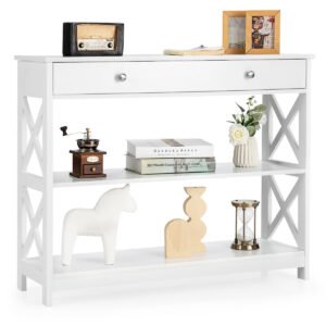 Mesa de console de 3 níveis com gaveta e prateleiras de armazenamento - Branca
