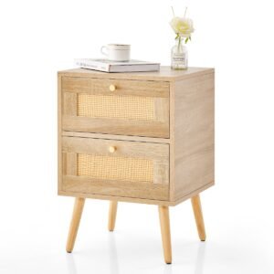 Mesa de cabeceira em rattan estilo boho com 2 gavetas de arrumação - Cor natural