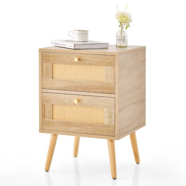 Mesa de cabeceira em rattan estilo boho com 2 gavetas de arrumação - Cor natural