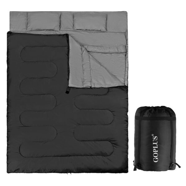 Saco de dormir impermeável para 2 pessoas com 2 travesseiros - Preto