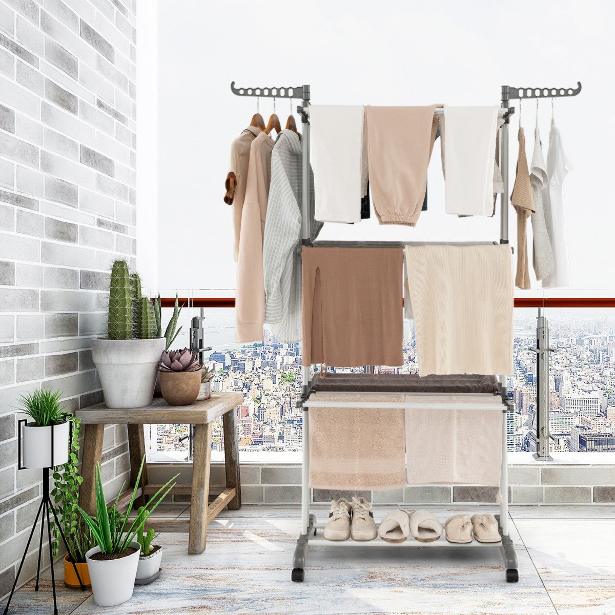 Varal de roupas de 4 níveis com abas laterais giratórias e prateleiras dobráveis - Cinza - Image 2