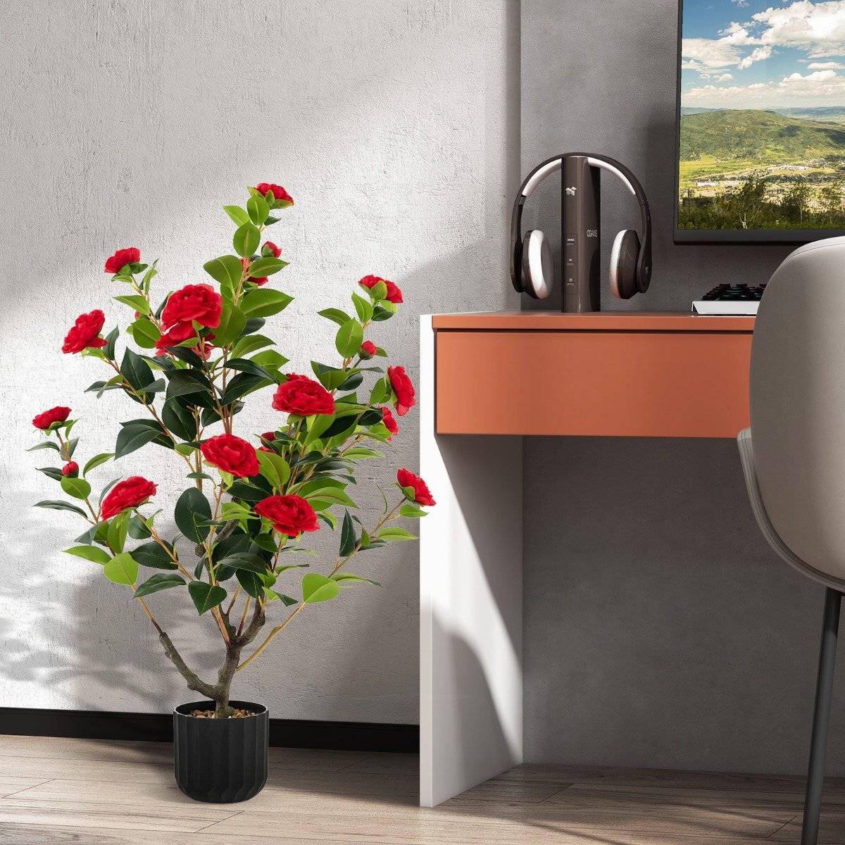 Camélia artificial de 96,5 cm (38 polegadas), planta de flor falsa em vaso de cimento, pacote com 2 unidades - Vermelha - Image 2