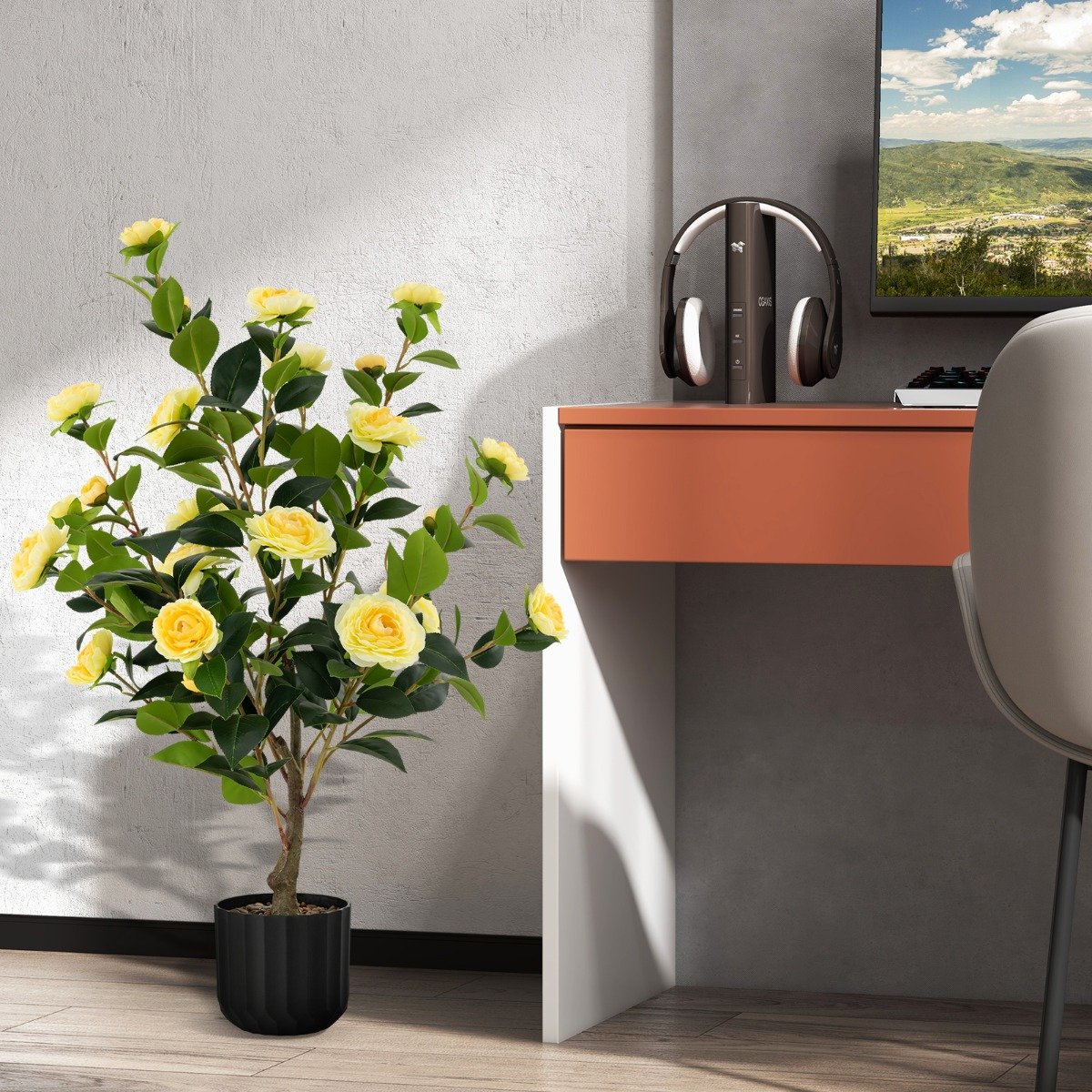 Camélia artificial de 96,5 cm (38 polegadas), planta de flor falsa em vaso de cimento, pacote com 2 unidades - Amarela - Image 2