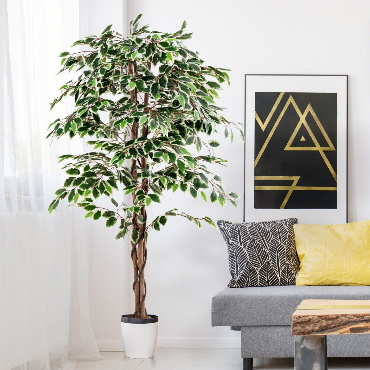 Árvore de Ficus artificial alta, planta artificial para interiores com 1008 folhas, vaso de viveiro e musgo seco. - Image 2