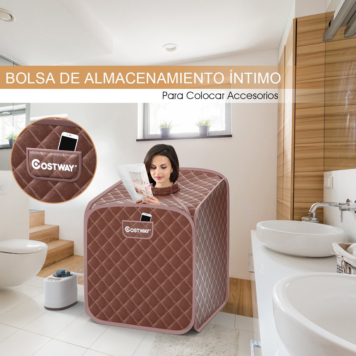 Sauna a vapor portátil com cadeira, rolo massageador para os pés e tapete absorvente. 9 níveis de temperatura ajustáveis. Cabine de spa para uso interno. Cor café. - Image 2