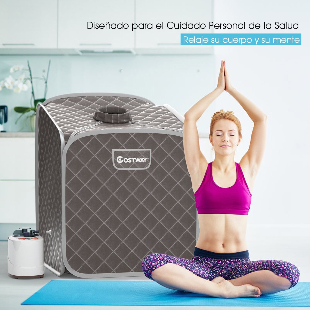 Sauna a vapor portátil com cadeira, rolo massageador para os pés e tapete absorvente. 9 níveis de temperatura ajustáveis. Cabine de spa para uso interno, cor cinza. - Image 2