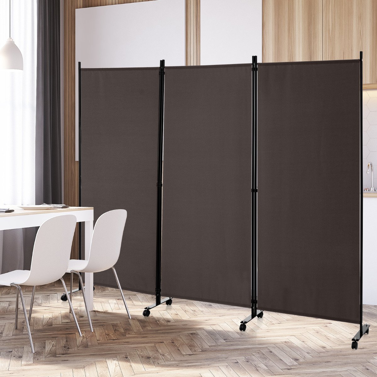 Divisória de Ambientes Dobrável de 3 Painéis com Rodas Traváveis - Marrom - Image 2