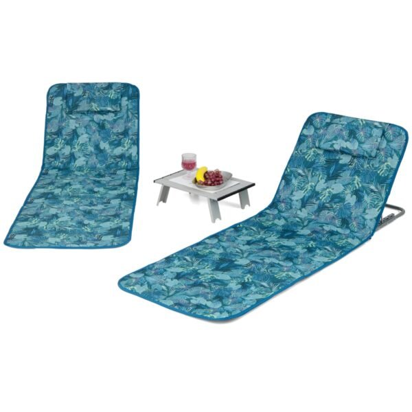 Conjunto de 3 peças para espreguiçadeira de praia, incluindo 2 espreguiçadeiras ajustáveis ​​com mesa listrada verde.