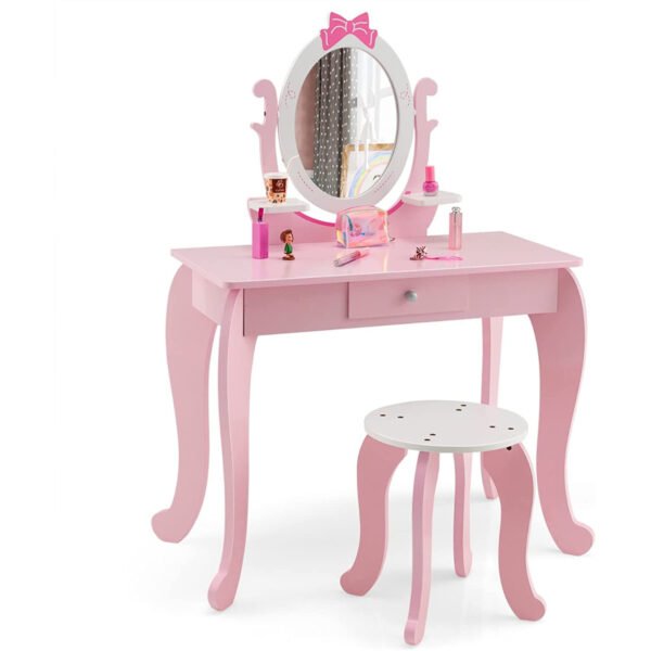 Conjunto de penteadeira infantil com banqueta e espelho ajustável.