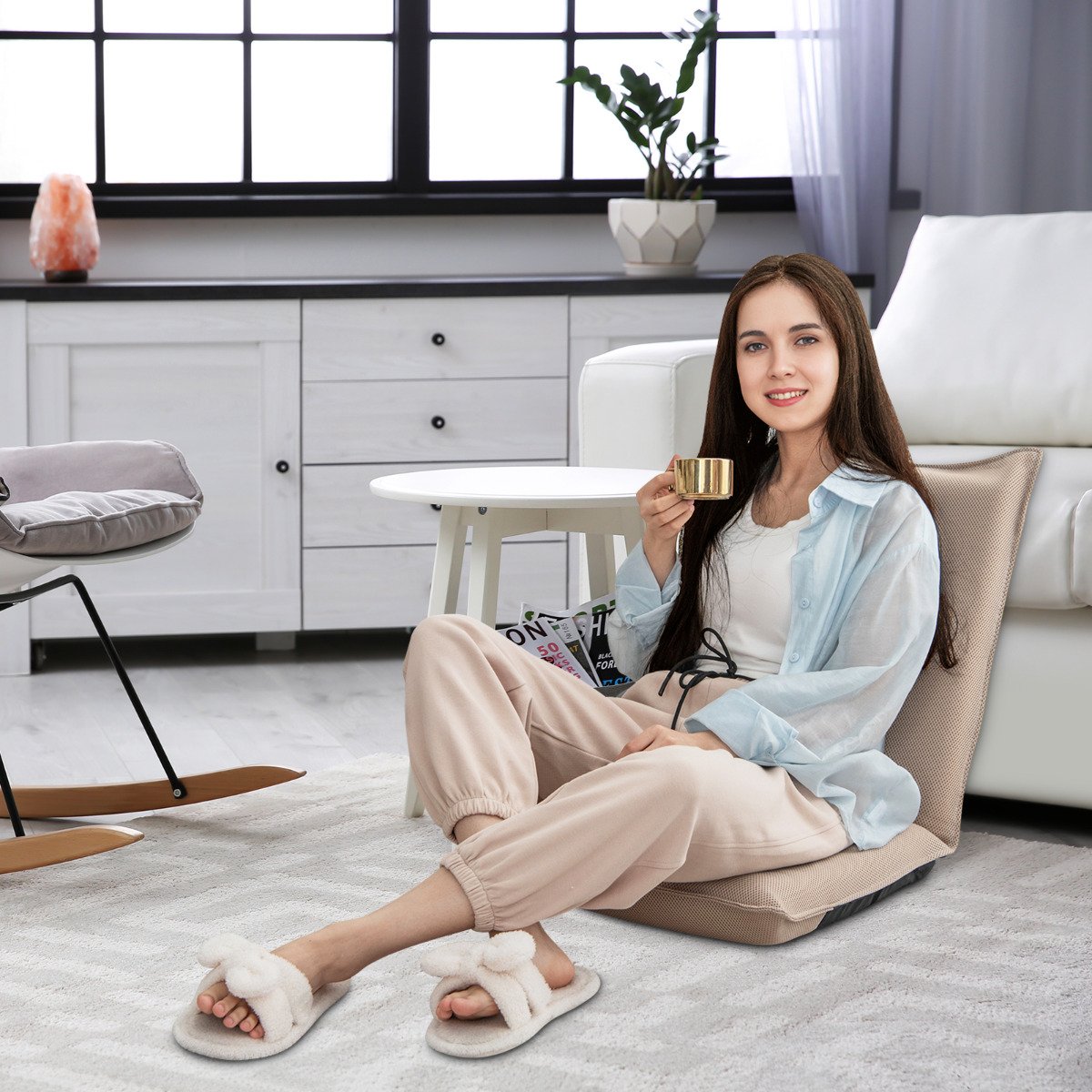 Cadeira de chão dobrável com função reclinável e 6 posições ajustáveis - Cáqui - Image 2