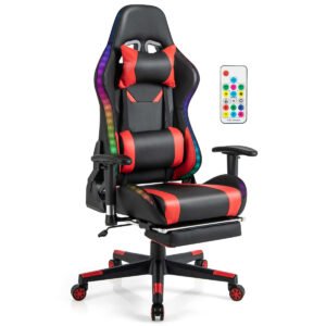 Cadeira Gamer com Luzes LED RGB e Apoio para os Pés Retrátil, Cadeira Ergonômica de Escritório Vermelha