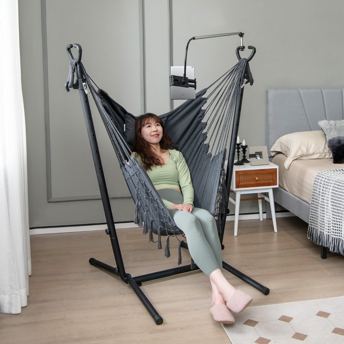 Cadeira de balanço com altura ajustável, suporte para celular e bolso lateral - Cinza - Image 2