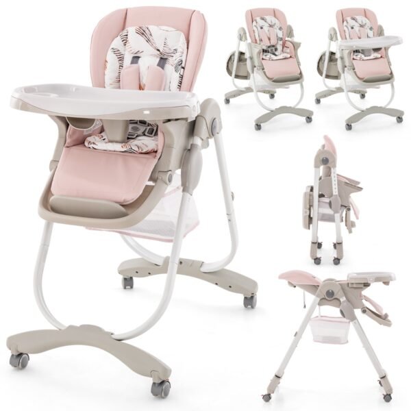 Cadeira alta multifuncional dobrável para bebês com rodinhas - Rosa