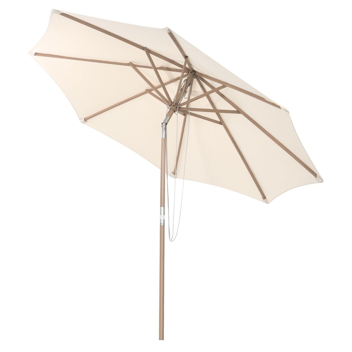 Guarda-sol de jardim de madeira com 270 cm de comprimento. Pode ser dobrado em 30° para ambos os lados, cor bege.