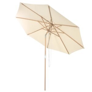 Guarda-sol de jardim de madeira com 300 cm de diâmetro. Pode ser dobrado em 30° para ambos os lados. Cor bege.